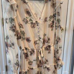 Floral Ivory Long-Sleeve Wrap Dress with Tie Waist